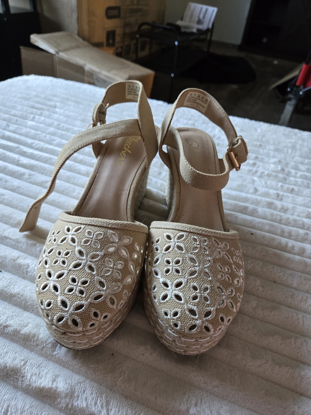 Skechers Beige Floral Cutout Espadrille Wedge Sandals